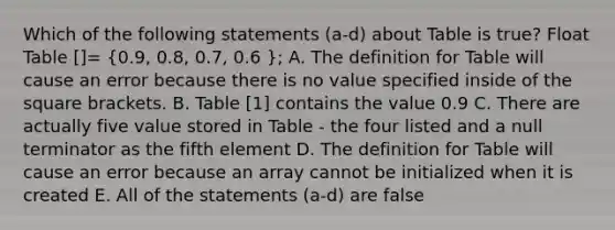 Which of the following statements (a-d) about Table is true? Float Table []= (0.9, 0.8, 0.7, 0.6 ); A. The definition for Table will cause an error because there is no value specified inside of the square brackets. B. Table [1] contains the value 0.9 C. There are actually five value stored in Table - the four listed and a null terminator as the fifth element D. The definition for Table will cause an error because an array cannot be initialized when it is created E. All of the statements (a-d) are false