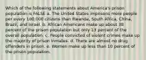 Which of the following statements about America's prison population is FALSE a. The United States imprisons more people per every 100,000 citizens than Rwanda, South Africa, China, Brazil, and Israel. b. African Americans make up about 38 percent of the prison population but only 13 percent of the overall population. c. People convicted of violent crimes make up the majority of prison inmates. d. There are almost no drug offenders in prison. e. Women make up less than 10 percent of the prison population.