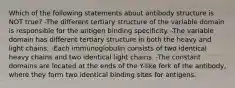 Which of the following statements about antibody structure is NOT true? -The different tertiary structure of the variable domain is responsible for the antigen binding specificity. -The variable domain has different tertiary structure in both the heavy and light chains. -Each immunoglobulin consists of two identical heavy chains and two identical light chains. -The constant domains are located at the ends of the Y-like fork of the antibody, where they form two identical binding sites for antigens.