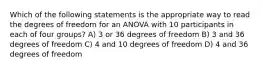 Which of the following statements is the appropriate way to read the degrees of freedom for an ANOVA with 10 participants in each of four groups? A) 3 or 36 degrees of freedom B) 3 and 36 degrees of freedom C) 4 and 10 degrees of freedom D) 4 and 36 degrees of freedom