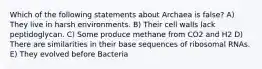 Which of the following statements about Archaea is false? A) They live in harsh environments. B) Their cell walls lack peptidoglycan. C) Some produce methane from CO2 and H2 D) There are similarities in their base sequences of ribosomal RNAs. E) They evolved before Bacteria