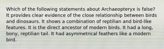 Which of the following statements about Archaeopteryx is false? It provides clear evidence of the close relationship between birds and dinosaurs. It shows a combination of reptilian and bird-like features. It is the direct ancestor of modern birds. It had a long, bony, reptilian tail. It had asymmetrical feathers like a modern bird.