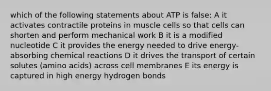 which of the following statements about ATP is false: A it activates contractile proteins in muscle cells so that cells can shorten and perform mechanical work B it is a modified nucleotide C it provides the energy needed to drive energy- absorbing chemical reactions D it drives the transport of certain solutes (amino acids) across cell membranes E its energy is captured in high energy hydrogen bonds