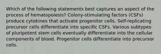 Which of the following statements best captures an aspect of the process of hematopoiesis? Colony-stimulating factors (CSFs) produce cytokines that activate progenitor cells. Self-replicating precursor cells differentiate into specific CSFs. Various subtypes of pluripotent stem cells eventually differentiate into the cellular components of blood. Progenitor cells differentiate into precursor cells.