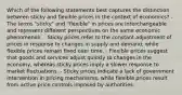 Which of the following statements best captures the distinction between sticky and flexible prices in the context of economics? - The terms "sticky" and "flexible" in prices are interchangeable and represent different perspectives on the same economic phenomenon. - Sticky prices refer to the constant adjustment of prices in response to changes in supply and demand, while flexible prices remain fixed over time. - Flexible prices suggest that goods and services adjust quickly to changes in the economy, whereas sticky prices imply a slower response to market fluctuations. - Sticky prices indicate a lack of government intervention in pricing mechanisms, while flexible prices result from active price controls imposed by authorities.