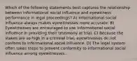 Which of the following statements best captures the relationship between informational social influence and eyewitness performance in legal proceedings? A) Informational social influence always makes eyewitnesses more accurate. B) Eyewitnesses are encouraged to use informational social influence in providing their testimony at trial. C) Because the stakes are so high in a criminal trial, eyewitnesses do not conform to informational social influence. D) The legal system often takes steps to prevent conformity to informational social influence among eyewitnesses.