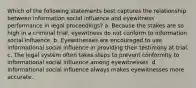 Which of the following statements best captures the relationship between information social influence and eyewitness performance in legal proceedings? a. Because the stakes are so high in a criminal trial, eyewitness do not conform to information social influence. b. Eyewitnesses are encouraged to use informational social influence in providing their testimony at trial. c. The legal system often takes steps to prevent conformity to informational social influence among eyewitnesses. d. Informational social influence always makes eyewitnesses more accurate.