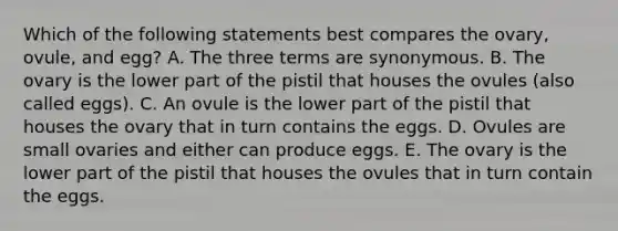 Which of the following statements best compares the ovary, ovule, and egg? A. The three terms are synonymous. B. The ovary is the lower part of the pistil that houses the ovules (also called eggs). C. An ovule is the lower part of the pistil that houses the ovary that in turn contains the eggs. D. Ovules are small ovaries and either can produce eggs. E. The ovary is the lower part of the pistil that houses the ovules that in turn contain the eggs.