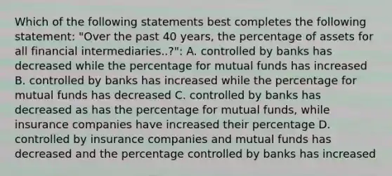 Which of the following statements best completes the following statement: "Over the past 40 years, the percentage of assets for all financial intermediaries..?": A. controlled by banks has decreased while the percentage for mutual funds has increased B. controlled by banks has increased while the percentage for mutual funds has decreased C. controlled by banks has decreased as has the percentage for mutual funds, while insurance companies have increased their percentage D. controlled by insurance companies and mutual funds has decreased and the percentage controlled by banks has increased