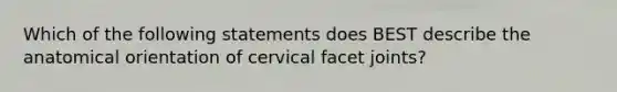 Which of the following statements does BEST describe the anatomical orientation of cervical facet joints?