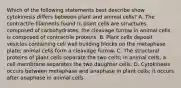 Which of the following statements best describe show cytokinesis differs between plant and animal cells? A. The contractile filaments found in plant cells are structures composed of carbohydrates; the cleavage furrow in animal cells is composed of contractile proteins. B. Plant cells deposit vesicles containing cell wall building blocks on the metaphase plate; animal cells form a cleavage furrow. C. The structural proteins of plant cells separate the two cells; in animal cells, a cell membrane separates the two daughter cells. D. Cytokinesis occurs between metaphase and anaphase in plant cells; it occurs after anaphase in animal cells.