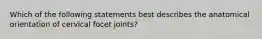 Which of the following statements best describes the anatomical orientation of cervical focet joints?