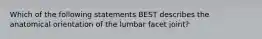 Which of the following statements BEST describes the anatomical orientation of the lumbar facet joint?