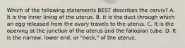 Which of the following statements BEST describes the​ cervix? A. It is the inner lining of the uterus. B. It is the duct through which an egg released from the ovary travels to the uterus. C. It is the opening at the junction of the uterus and the fallopian tube. D. It is the​ narrow, lower​ end, or​ "neck," of the uterus.