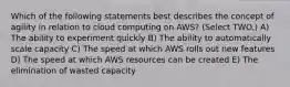 Which of the following statements best describes the concept of agility in relation to cloud computing on AWS? (Select TWO.) A) The ability to experiment quickly B) The ability to automatically scale capacity C) The speed at which AWS rolls out new features D) The speed at which AWS resources can be created E) The elimination of wasted capacity