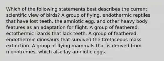 Which of the following statements best describes the current scientific view of birds? A group of flying, endothermic reptiles that have lost teeth, the amniotic egg, and other heavy body features as an adaptation for flight. A group of feathered, ectothermic lizards that lack teeth. A group of feathered, endothermic dinosaurs that survived the Cretaceous mass extinction. A group of flying mammals that is derived from monotremes, which also lay amniotic eggs.