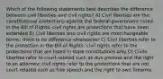 Which of the following statements best describes the difference between civil liberties and civil rights? A) Civil liberties are the constitutional protections against the federal government listed in the Bill of Rights; civil rights are protections that have been extended B) Civil liberties and civil rights are interchangeable terms; there is no difference whatsoever C) Civil liberties refer to the protection in the Bill of Rights; civil rights refer to the protections that are listed in state constitutions only D) Civilo liberties refer to court-related such as due process and the right to an attorney; civil rights refer tp the protections that are not court-related such as free speech and the right to own firearms