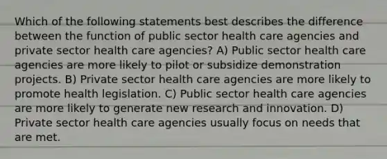 Which of the following statements best describes the difference between the function of public sector health care agencies and private sector health care agencies? A) Public sector health care agencies are more likely to pilot or subsidize demonstration projects. B) Private sector health care agencies are more likely to promote health legislation. C) Public sector health care agencies are more likely to generate new research and innovation. D) Private sector health care agencies usually focus on needs that are met.