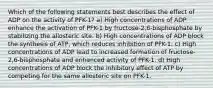 Which of the following statements best describes the effect of ADP on the activity of PFK-1? a) High concentrations of ADP enhance the activation of PFK-1 by fructose-2,6-bisphosphate by stabilizing the allosteric site. b) High concentrations of ADP block the synthesis of ATP, which reduces inhibition of PFK-1. c) High concentrations of ADP lead to increased formation of fructose-2,6-bisphosphate and enhanced activity of PFK-1. d) High concentrations of ADP block the inhibitory effect of ATP by competing for the same allosteric site on PFK-1.