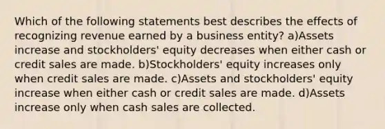 Which of the following statements best describes the effects of recognizing revenue earned by a business entity? a)Assets increase and stockholders' equity decreases when either cash or credit sales are made. b)Stockholders' equity increases only when credit sales are made. c)Assets and stockholders' equity increase when either cash or credit sales are made. d)Assets increase only when cash sales are collected.