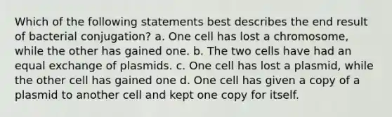 Which of the following statements best describes the end result of bacterial conjugation? a. One cell has lost a chromosome, while the other has gained one. b. The two cells have had an equal exchange of plasmids. c. One cell has lost a plasmid, while the other cell has gained one d. One cell has given a copy of a plasmid to another cell and kept one copy for itself.