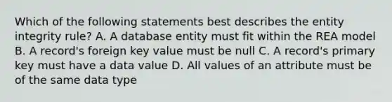 Which of the following statements best describes the entity integrity rule? A. A database entity must fit within the REA model B. A record's foreign key value must be null C. A record's primary key must have a data value D. All values of an attribute must be of the same data type