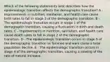 Which of the following statements best describes how the epidemiologic transition affects the demographic transition? A - Improvements in nutrition, sanitation, and health care cause birth rates to fall in stage 3 of the demographic transition. B - The epidemiologic transition occurs in stage 1 of the demographic transition, causing a fluctuation in birth and death rates. C - Improvements in nutrition, sanitation, and health care cause death rates to fall in stage 2 of the demographic transition. D - The epidemiologic transition occurs in stage 5 of the demographic transition as famines and wars cause a total population decline. E - The epidemiologic transition occurs in stage 4 of the demographic transition, causing a slowing of the rate of natural increase.