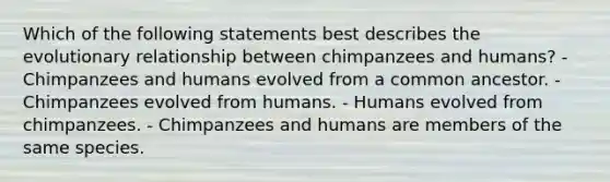 Which of the following statements best describes the evolutionary relationship between chimpanzees and humans? - Chimpanzees and humans evolved from a common ancestor. - Chimpanzees evolved from humans. - Humans evolved from chimpanzees. - Chimpanzees and humans are members of the same species.