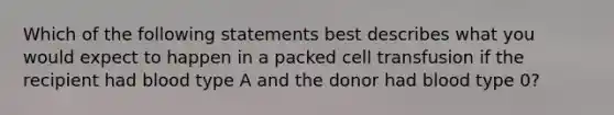 Which of the following statements best describes what you would expect to happen in a packed cell transfusion if the recipient had blood type A and the donor had blood type 0?