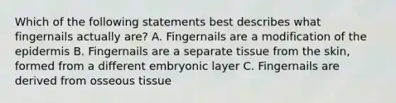 Which of the following statements best describes what fingernails actually are? A. Fingernails are a modification of the epidermis B. Fingernails are a separate tissue from the skin, formed from a different embryonic layer C. Fingernails are derived from osseous tissue