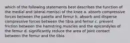 which of the following statements best describes the function of the medial and lateral menisci of the knee a. absorb compressive forces between the patella and femur b. absorb and disperse compressive forces between the tibia and femur c. prevent friction between the hamstring muscles and the epicondyles of the femur d. significantly reduce the area of joint contact between the femur and the tibia