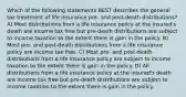 Which of the following statements BEST describes the general tax treatment of life insurance pre- and post-death distributions? A) Most distributions from a life insurance policy at the insured's death are income tax free but pre-death distributions are subject to income taxation to the extent there is gain in the policy. B) Most pre- and post-death distributions from a life insurance policy are income tax free. C) Most pre- and post-death distributions from a life insurance policy are subject to income taxation to the extent there is gain in the policy. D) All distributions from a life insurance policy at the insured's death are income tax free but pre-death distributions are subject to income taxation to the extent there is gain in the policy.