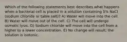 Which of the following statements best describes what happens when a bacterial cell is placed in a solution containing 5% NaCl (sodium chloride or table salt)? A) Water will move into the cell. B) Water will move out of the cell. C) The cell will undergo osmotic lysis. D) Sodium chloride will move into the cell from a higher to a lower concentration. E) No change will result; the solution is isotonic.