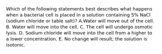 Which of the following statements best describes what happens when a bacterial cell is placed in a solution containing 5% NaCl (sodium chloride or table salt)? A.Water will move out of the cell. B. Water will move into the cell. C. The cell will undergo osmotic lysis. D. Sodium chloride will move into the cell from a higher to a lower concentration. E. No change will result; the solution is isotonic.