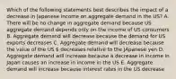 Which of the following statements best describes the impact of a decrease in Japanese income on aggregate demand in the US? A. There will be no change in aggregate demand because US aggregate demand depends only on the income of US consumers B. Aggregate demand will decrease because the demand for US exports decreases C. Aggregate demand will decrease because the value of the US  decreases relative to the JApanese yen D. Aggregate demand will increase because a decrease in income in Japan causes an increase in income in the US E. Aggregate demand will increase because interest rates in the US decrease