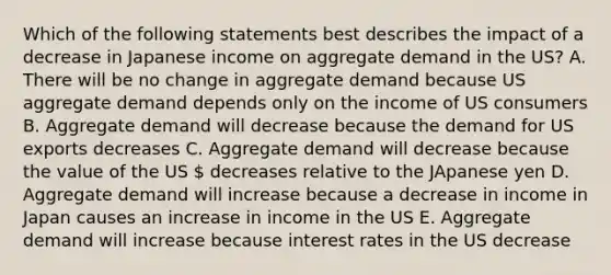 Which of the following statements best describes the impact of a decrease in Japanese income on aggregate demand in the US? A. There will be no change in aggregate demand because US aggregate demand depends only on the income of US consumers B. Aggregate demand will decrease because the demand for US exports decreases C. Aggregate demand will decrease because the value of the US  decreases relative to the JApanese yen D. Aggregate demand will increase because a decrease in income in Japan causes an increase in income in the US E. Aggregate demand will increase because interest rates in the US decrease