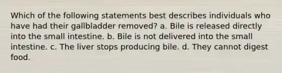 Which of the following statements best describes individuals who have had their gallbladder removed? a. Bile is released directly into the small intestine. b. Bile is not delivered into the small intestine. c. The liver stops producing bile. d. They cannot digest food.