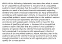 Which of the following statements best describes what is meant by an unqualified audit opinion? a. Issuance of an unqualified auditor's report indicates that the auditor is expressing different opinions on each of the basic financial statements regarding whether the client's financial statements are fairly presented in accordance with agreed-upon criteria. b. Issuance of a standard unqualified auditor's report indicates that in the auditor's opinion the client's financial statements are fairly presented in accordance with agreed-upon criteria, with no need for the inclusion of qualifying phrases. c. Issuance of an unqualified auditor's report indicates that the auditor is not qualified to express an opinion that the client's financial statements are fairly presented in accordance with agreed-upon criteria. d. Issuance of an unqualified auditor's report indicates that in the auditor's opinion the client's financial statements are not fairly enough presented in accordance with agreed-upon criteria to qualify for a clean opinion.