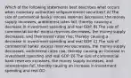 Which of the following statements best describes what occurs when monetary authorities sellgovernment securities? A) The size of commercial banks' excess reserves decreases, the money supply increases, andinterest rates fall, thereby causing a decrease in investment spending and real GDP. B) The size of commercial banks' excess reserves decreases, the money supply decreases, and theinterest rates rise, thereby causing a decrease in investment spending and real GDP. C) The size of commercial banks' excess reserves decreases, the money supply decreases, andinterest rates rise, thereby causing an increase in investment spending and real GDP. D) The size of commercial bank reserves increases, the money supply increases, and interestrates fall, thereby causing an increase in investment spending and real GD