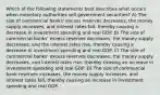 Which of the following statements best describes what occurs when monetary authorities sell government securities? A) The size of commercial banks' excess reserves decreases, the money supply increases, and interest rates fall, thereby causing a decrease in investment spending and real GDP. B) The size of commercial banks' excess reserves decreases, the money supply decreases, and the interest rates rise, thereby causing a decrease in investment spending and real GDP. C) The size of commercial banks' excess reserves decreases, the money supply decreases, and interest rates rise, thereby causing an increase in investment spending and real GDP. D) The size of commercial bank reserves increases, the money supply increases, and interest rates fall, thereby causing an increase in investment spending and real GDP.