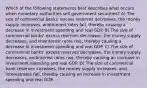 Which of the following statements best describes what occurs when monetary authorities sell government securities? A) The size of commercial banks' excess reserves decreases, the money supply increases, andinterest rates fall, thereby causing a decrease in investment spending and real GDP. B) The size of commercial banks' excess reserves decreases, the money supply decreases, and theinterest rates rise, thereby causing a decrease in investment spending and real GDP. C) The size of commercial banks' excess reserves decreases, the money supply decreases, andinterest rates rise, thereby causing an increase in investment spending and real GDP. D) The size of commercial bank reserves increases, the money supply increases, and interestrates fall, thereby causing an increase in investment spending and real GDP.