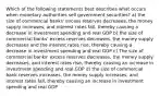 Which of the following statements best describes what occurs when monetary authorities sell government securities? a) the size of commercial banks' excess reserves decreases, the money supply increases, and interest rates fall, thereby causing a decrease in investment spending and real GDP b) the size of commercial banks' excess reserves decreases, the money supply decreases and the interest rates rise, thereby causing a decrease in investment spending and real GDP c) The size of commercial banks' excess reserves decreases, the money supply decreases, and interest rates rise, thereby causing an increase in investment spending and real GDP d) the size of commercial bank reserves increases, the money supply increases, and interest rates fall, thereby causing an increase in investment spending and real GDP