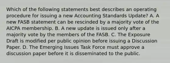 Which of the following statements best describes an operating procedure for issuing a new Accounting Standards Update? A. A new FASB statement can be rescinded by a majority vote of the AICPA membership. B. A new update is issued only after a majority vote by the members of the FASB. C. The Exposure Draft is modified per public opinion before issuing a Discussion Paper. D. The Emerging Issues Task Force must approve a discussion paper before it is disseminated to the public.