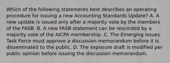 Which of the following statements best describes an operating procedure for issuing a new Accounting Standards Update? A. A new update is issued only after a majority vote by the members of the FASB. B. A new FASB statement can be rescinded by a majority vote of the AICPA membership. C. The Emerging Issues Task Force must approve a discussion memorandum before it is disseminated to the public. D. The exposure draft is modified per public opinion before issuing the discussion memorandum.