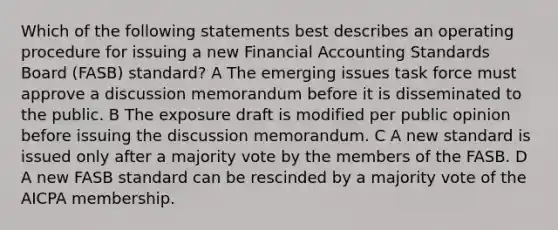 Which of the following statements best describes an operating procedure for issuing a new Financial Accounting Standards Board (FASB) standard? A The emerging issues task force must approve a discussion memorandum before it is disseminated to the public. B The exposure draft is modified per public opinion before issuing the discussion memorandum. C A new standard is issued only after a majority vote by the members of the FASB. D A new FASB standard can be rescinded by a majority vote of the AICPA membership.