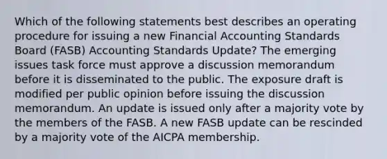 Which of the following statements best describes an operating procedure for issuing a new Financial Accounting Standards Board (FASB) Accounting Standards Update? The emerging issues task force must approve a discussion memorandum before it is disseminated to the public. The exposure draft is modified per public opinion before issuing the discussion memorandum. An update is issued only after a majority vote by the members of the FASB. A new FASB update can be rescinded by a majority vote of the AICPA membership.