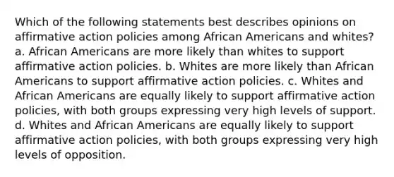 Which of the following statements best describes opinions on <a href='https://www.questionai.com/knowledge/k15TsidlpG-affirmative-action' class='anchor-knowledge'>affirmative action</a> policies among <a href='https://www.questionai.com/knowledge/kktT1tbvGH-african-americans' class='anchor-knowledge'>african americans</a> and whites? a. African Americans are more likely than whites to support affirmative action policies. b. Whites are more likely than African Americans to support affirmative action policies. c. Whites and African Americans are equally likely to support affirmative action policies, with both groups expressing very high levels of support. d. Whites and African Americans are equally likely to support affirmative action policies, with both groups expressing very high levels of opposition.