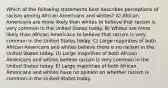 Which of the following statements best describes perceptions of racism among African Americans and whites? A) African Americans are more likely than whites to believe that racism is very common in the United States today. B) Whites are more likely than African Americans to believe that racism is very common in the United States today. C) Large majorities of both African Americans and whites believe there is no racism in the United States today. D) Large majorities of both African Americans and whites believe racism is very common in the United States today. E) Large majorities of both African Americans and whites have no opinion on whether racism is common in the United States today.