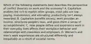 Which of the following statements best describes the perspective of conflict theorists on work and the economy? A. Capitalism enables the rich to exploit other groups; most jobs are low-paying, monotonous, and alienating; productivity isn't always rewarded. B. Capitalism benefits society; work provides an income, structures people's lives, and gives them a sense of accomplishment. C. How people define and experience work in their everyday lives affects their workplace behavior and relationships with coworkers and employers. D. Women's and men's work experiences are structured differently and inequitably as a result of societal norms.