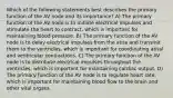 Which of the following statements best describes the primary function of the AV node and its importance? A) The primary function of the AV node is to initiate electrical impulses and stimulate the heart to contract, which is important for maintaining blood pressure. B) The primary function of the AV node is to delay electrical impulses from the atria and transmit them to the ventricles, which is important for coordinating atrial and ventricular contractions. C) The primary function of the AV node is to distribute electrical impulses throughout the ventricles, which is important for maintaining cardiac output. D) The primary function of the AV node is to regulate heart rate, which is important for maintaining blood flow to the brain and other vital organs.